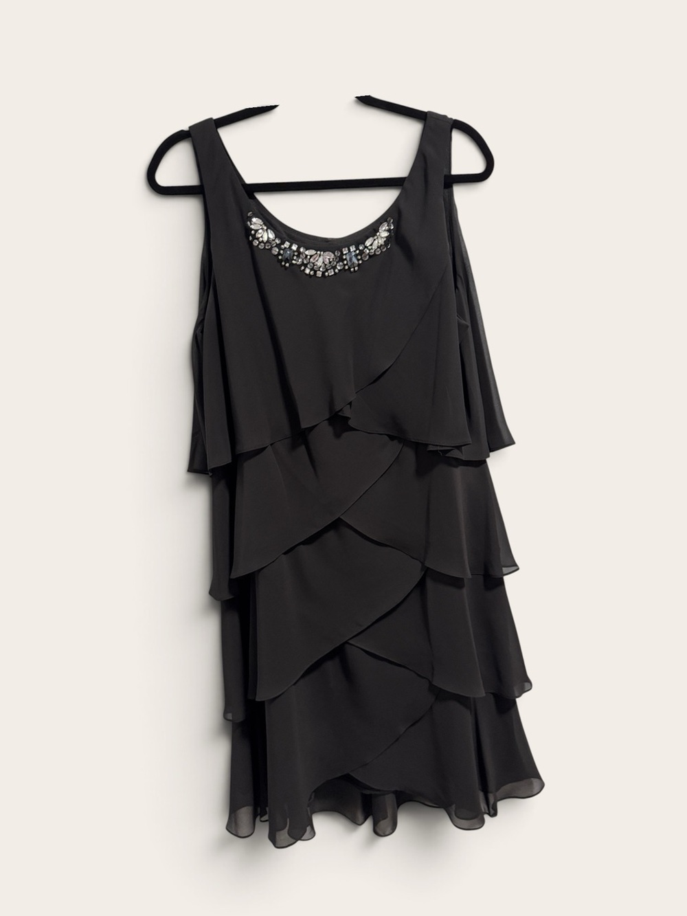 SLNY Black Tiered Mini Dress with Jeweled Neckline